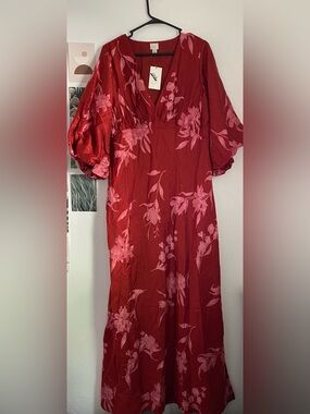 a new day Red Dress with Pink Floral Print
